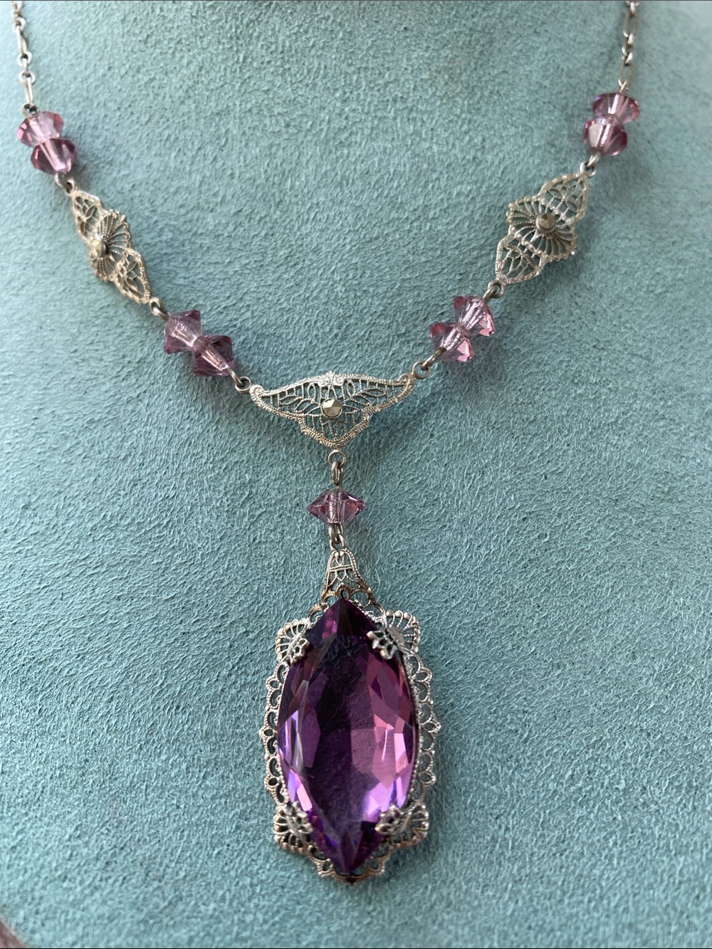 Vintage-Style amethyst glass statement -Purple Gem Filigree Pendant Necklace